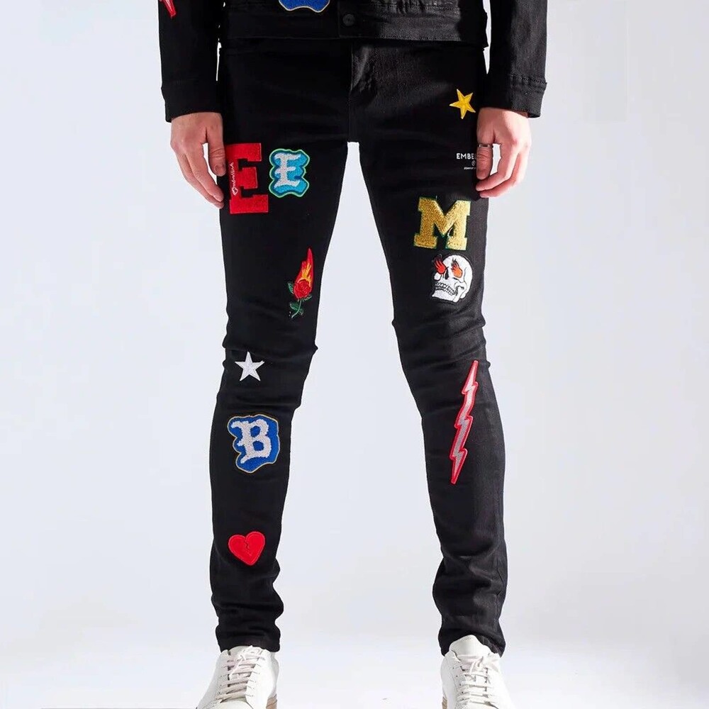 Embellish NYC Men's Embroidered Patches Skinny Fit Stretch Denim Jeans in Black